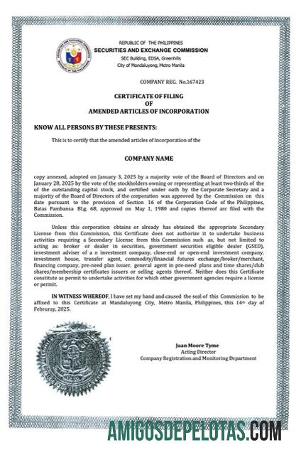 Certificado de constituição de empresa das Filipinas para download, modelo Word e PDF, versão 2